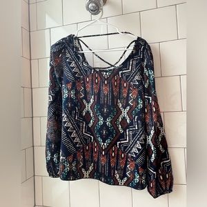 Aztek printed blouse with cross cross front or back